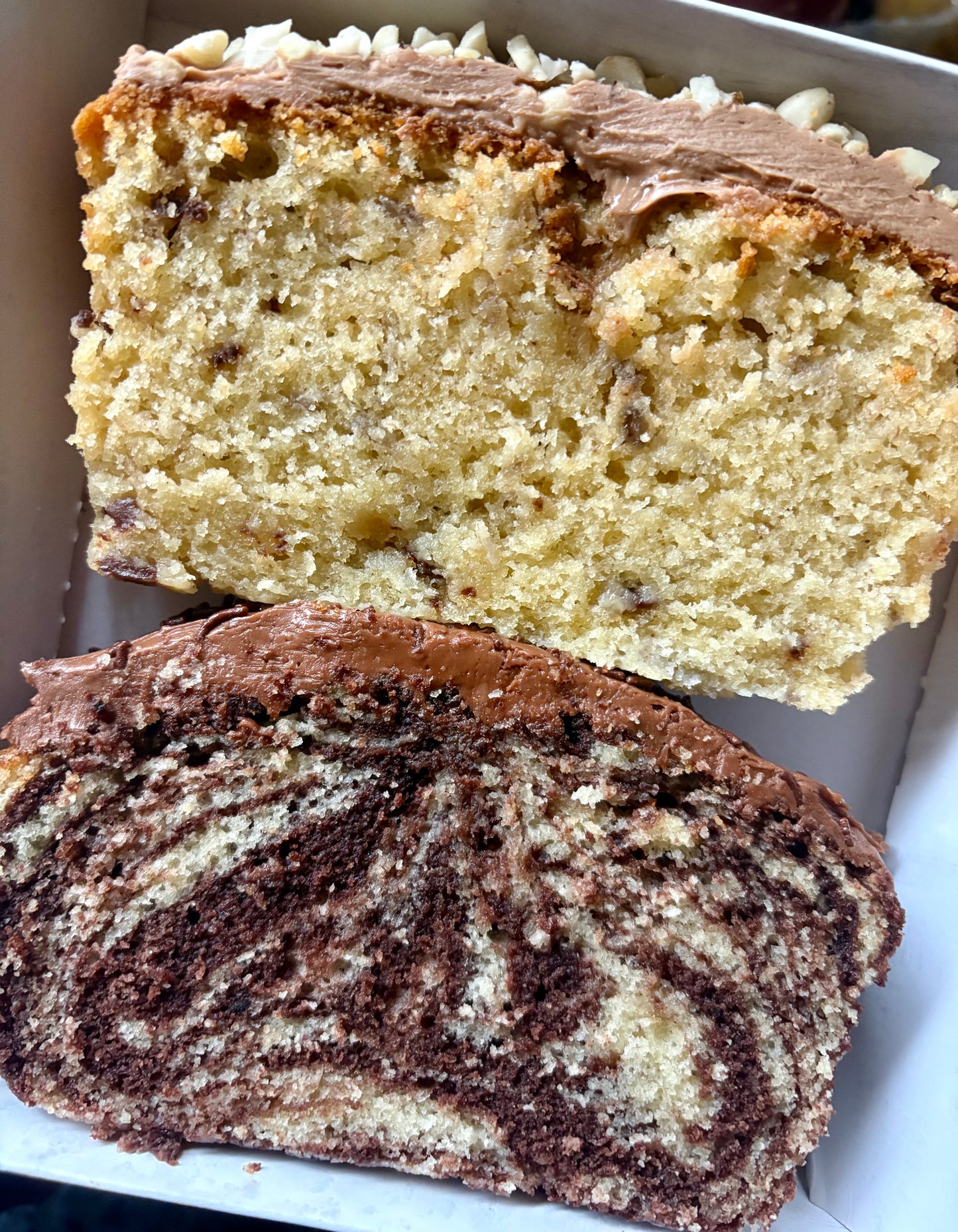 Chocolate Chunk Banana Loaf Cake with whipped ganache and mixed nuts ❤️