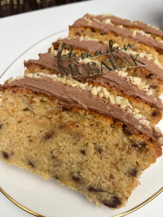Chocolate Chunk Banana Loaf Cake with whipped ganache and mixed nuts ❤️